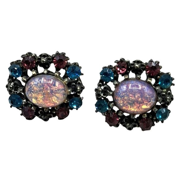 Vintage Coro EarrScrewback Rhinestone & Cabochon Earrings With Blue & Pink Stone - Picture 1 of 7